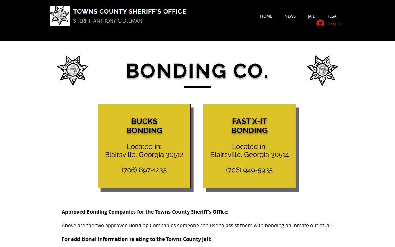 Towns County active warrant approved bonding business information