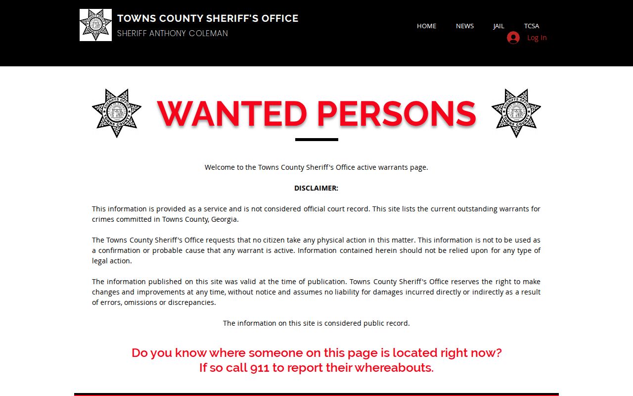 Towns County warrant records Wanted page interface and disclaimer